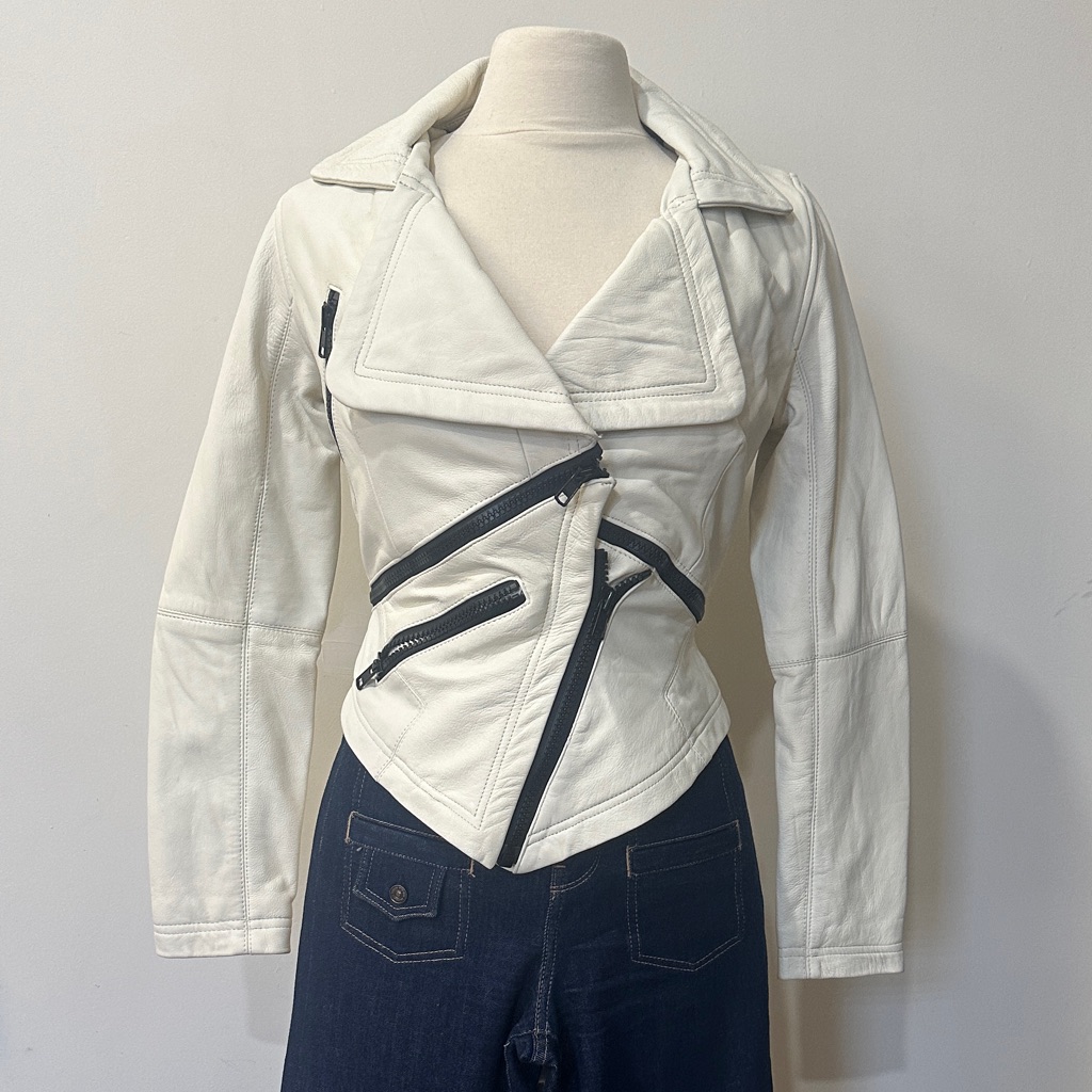 Vintage Talulah White Leather Jacket With Black Zipper Accents